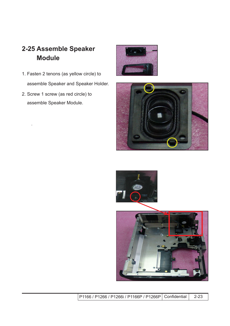 25 assemble speaker module | Acer P1166 User Manual | Page 46 / 126