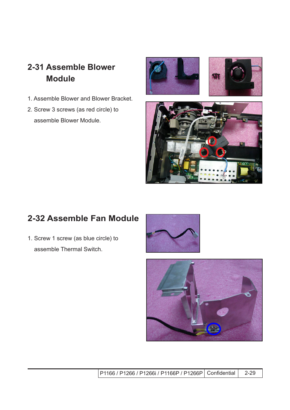 31 assemble blower module, 32 assemble fan module | Acer P1166 User Manual | Page 52 / 126