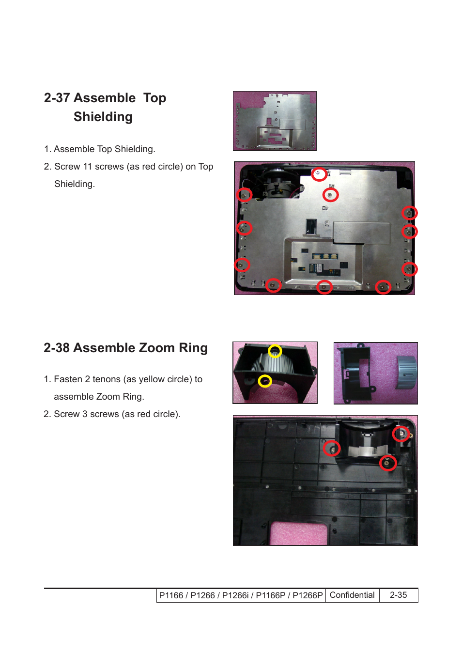 37 assemble top shielding, 38 assemble zoom ring | Acer P1166 User Manual | Page 58 / 126