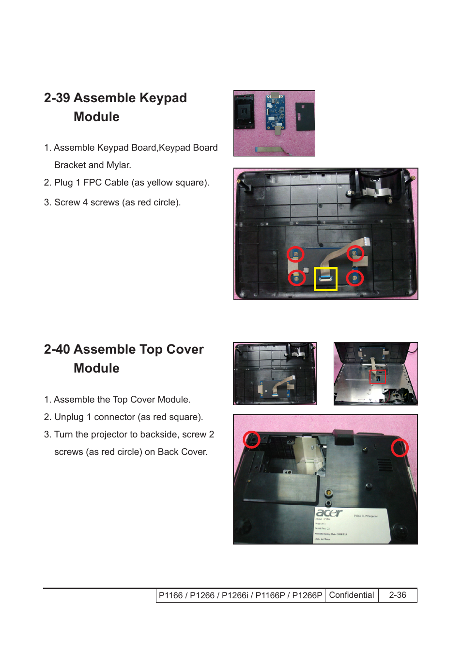 39 assemble keypad module, 40 assemble top cover module | Acer P1166 User Manual | Page 59 / 126