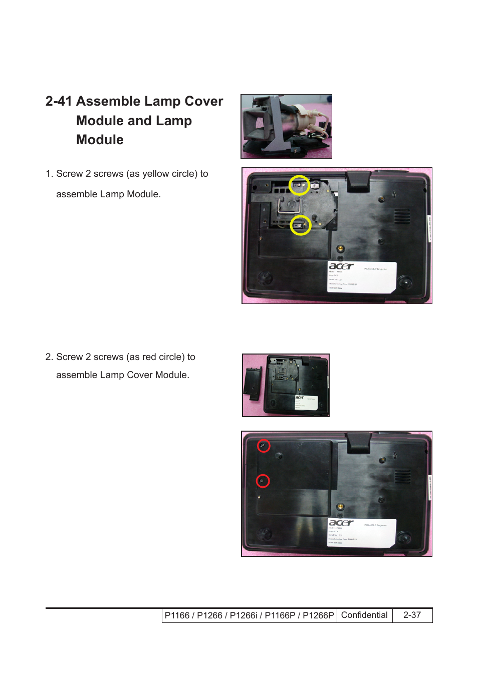 41 assemble lamp cover module and lamp module | Acer P1166 User Manual | Page 60 / 126
