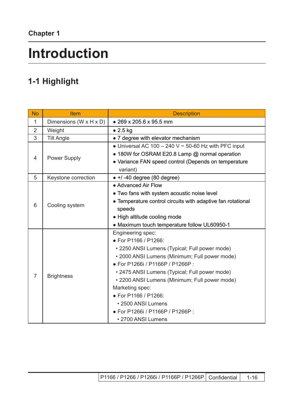 Chapter 1 introduction, Introduction, 1 highlight | Chapter 1 | Acer P1166 User Manual | Page 8 / 126