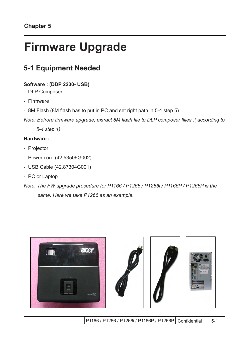 Chapter 5 firmware upgrade, Firmware upgrade, 1 equipment needed | Acer P1166 User Manual | Page 83 / 126