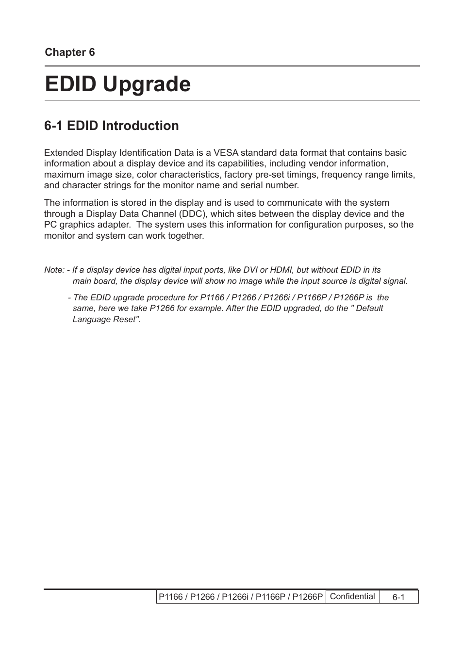Chapter 6 edid upgrade, Edid upgrade, 1 edid introduction | Acer P1166 User Manual | Page 91 / 126
