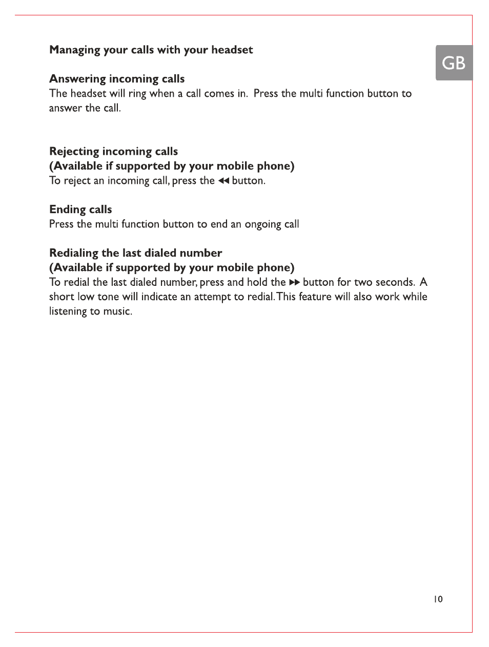 Rejecting incoming calls, Ending calls | Philips Casque stéréo Bluetooth User Manual | Page 12 / 117