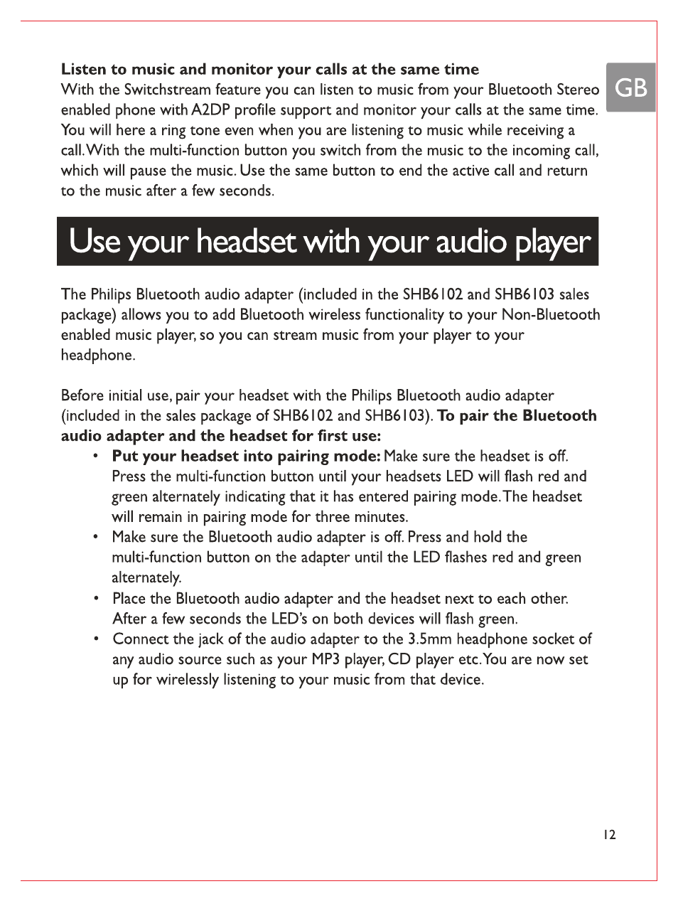 Use your headset with your audio pl^er | Philips Casque stéréo Bluetooth User Manual | Page 14 / 117