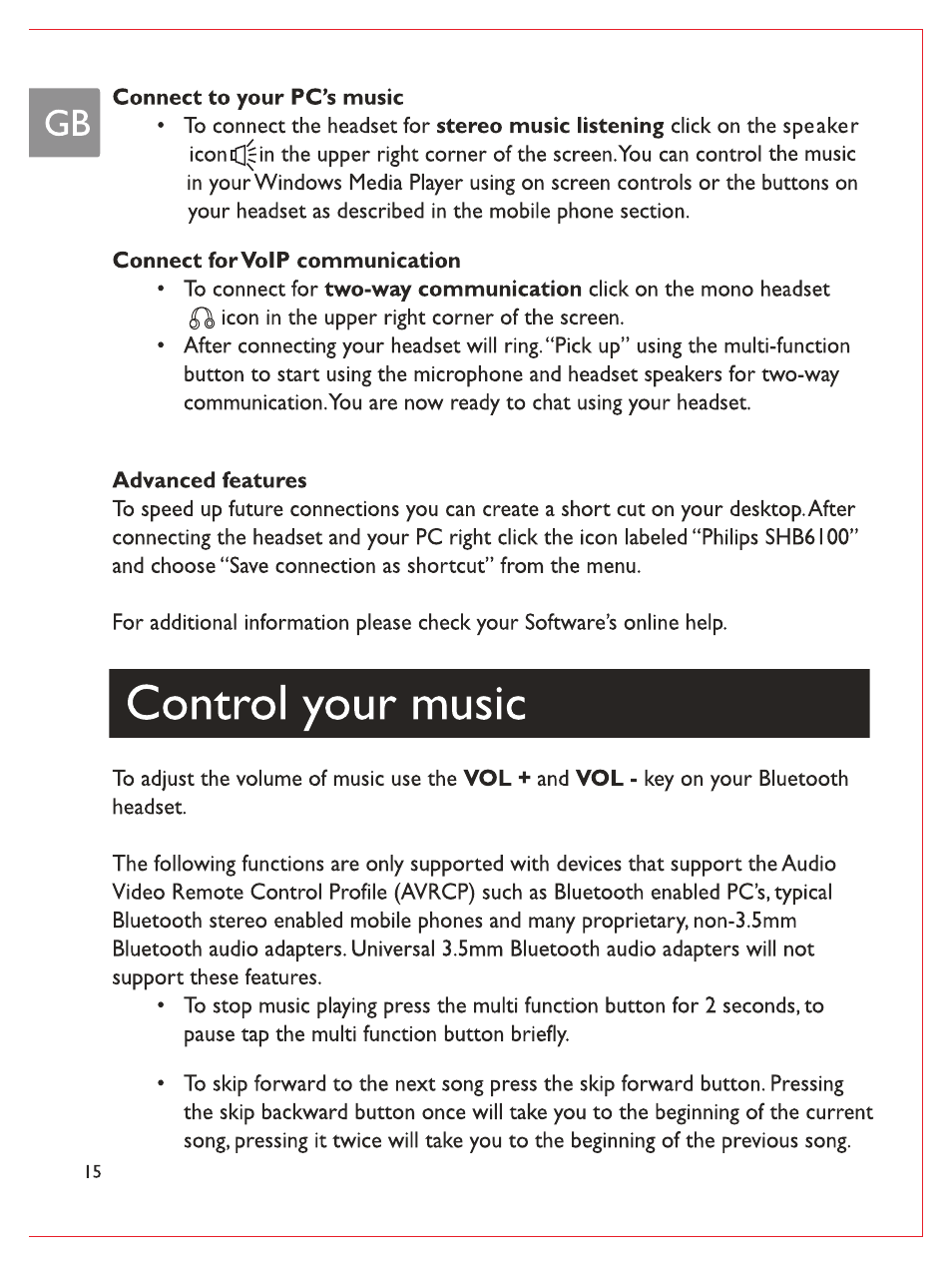 Control your music | Philips Casque stéréo Bluetooth User Manual | Page 17 / 117