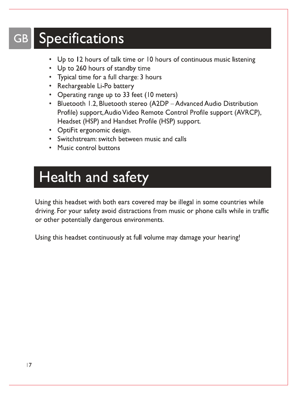 Gbi specifications, Health and safety, I specifications | Philips Casque stéréo Bluetooth User Manual | Page 19 / 117