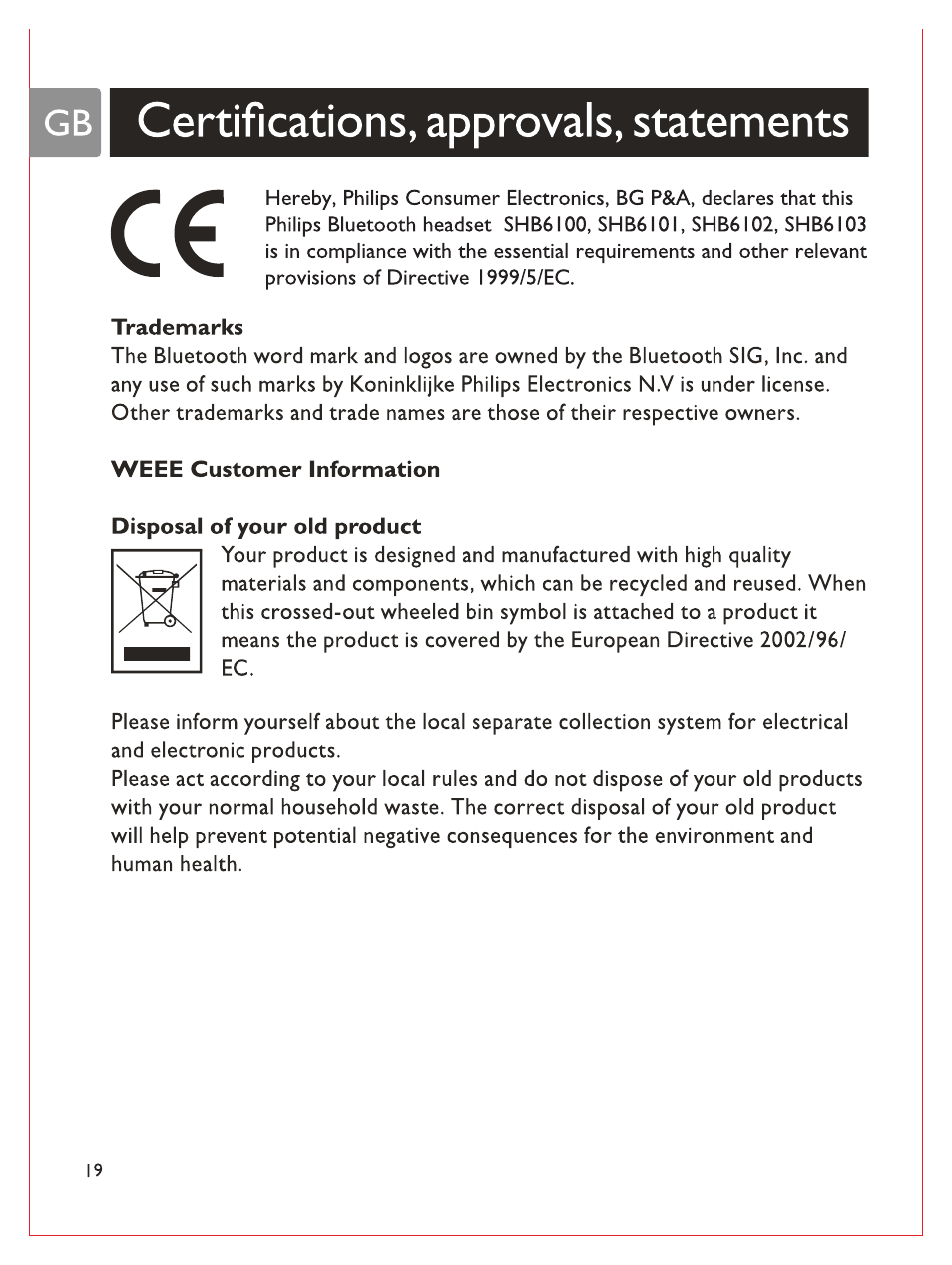 Gb certifications, approvals, statements, Trademarks, Weee customer information | Disposal of your old product, Certifications, approvals, statements | Philips Casque stéréo Bluetooth User Manual | Page 21 / 117