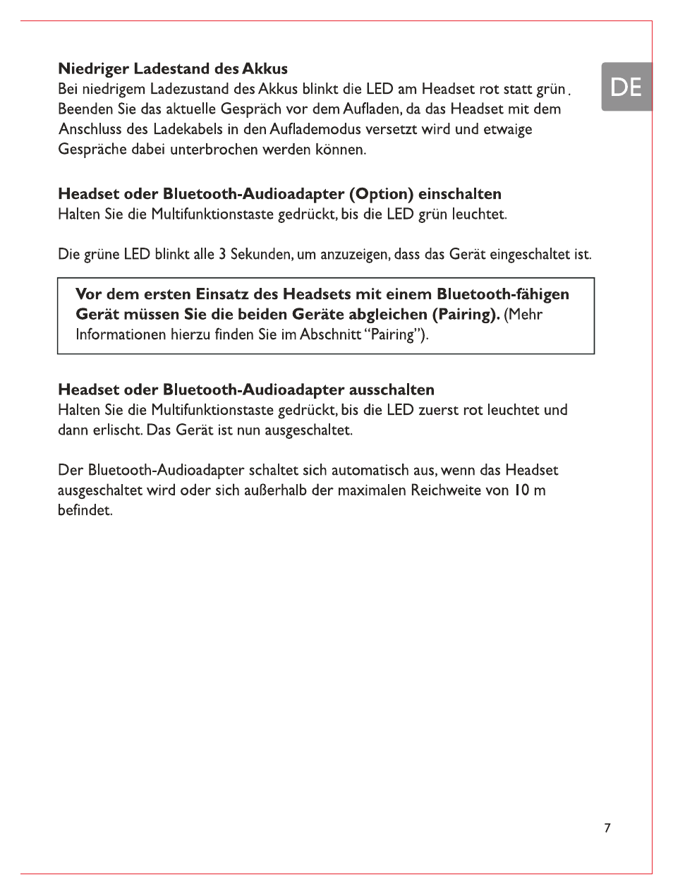 Niedriger ladestand des akkus, Headset oder bluetooth-audioadapter ausschalten | Philips Casque stéréo Bluetooth User Manual | Page 28 / 117