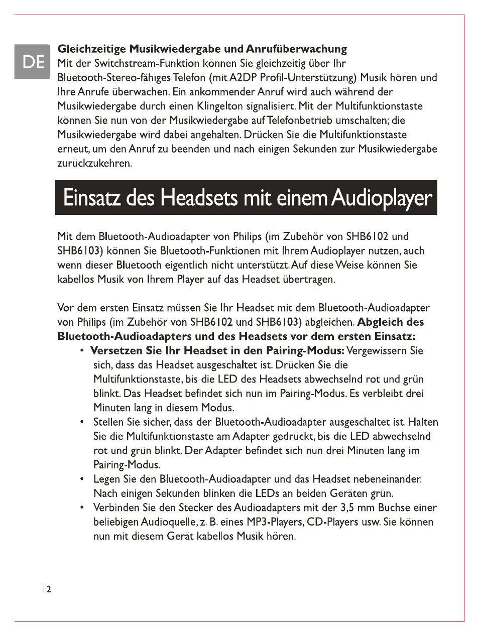 Gleichzeitige musikwiedergabe und anrufüberwachung, Einsatz des headsets mit einem audioplayer | Philips Casque stéréo Bluetooth User Manual | Page 33 / 117
