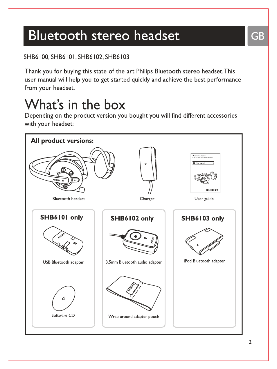 Bluetooth stereo headset, What’s in the box | Philips Casque stéréo Bluetooth User Manual | Page 4 / 117