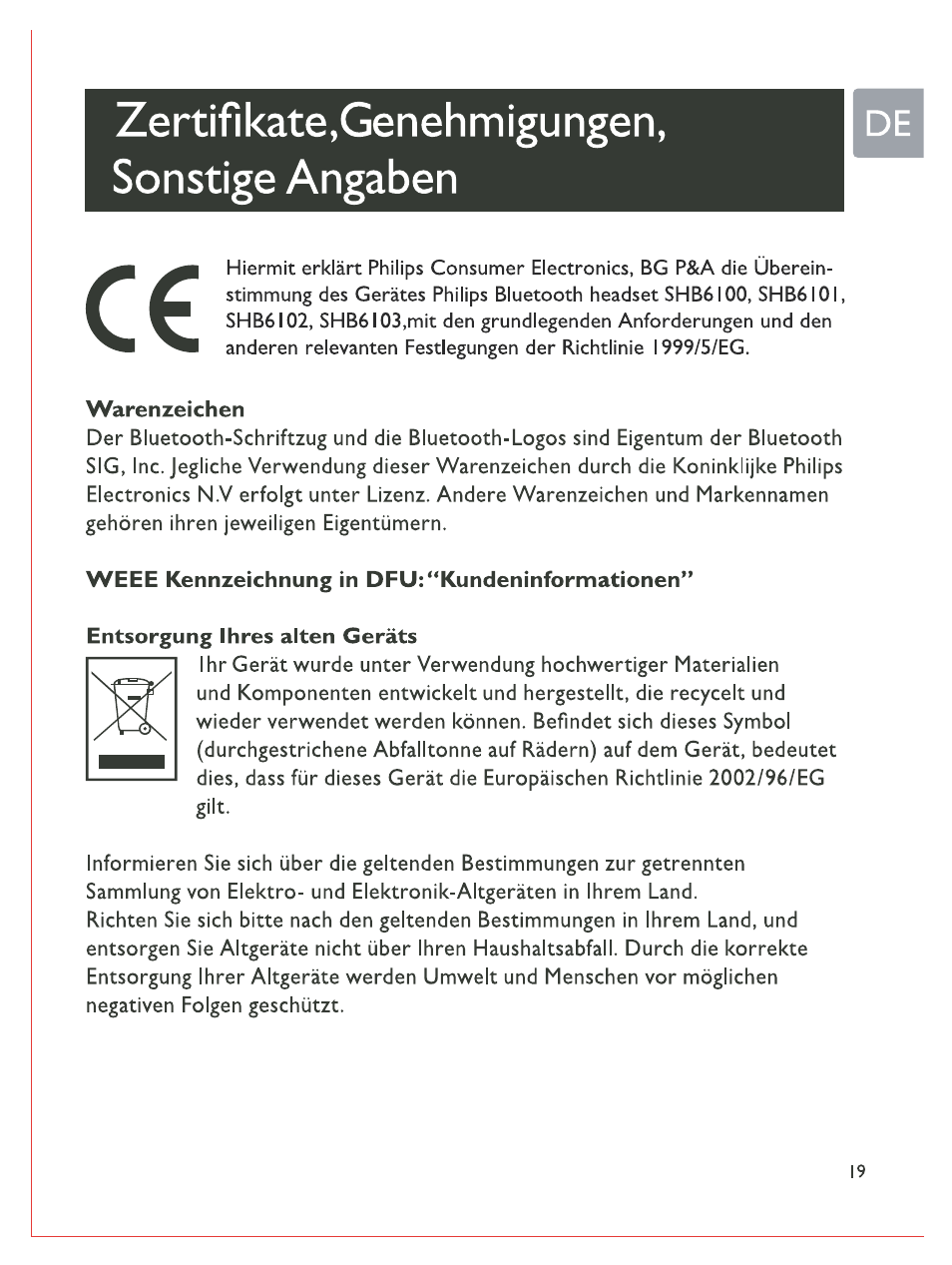 Zertifikate,genehmigungen, sonstige angaben | Philips Casque stéréo Bluetooth User Manual | Page 40 / 117