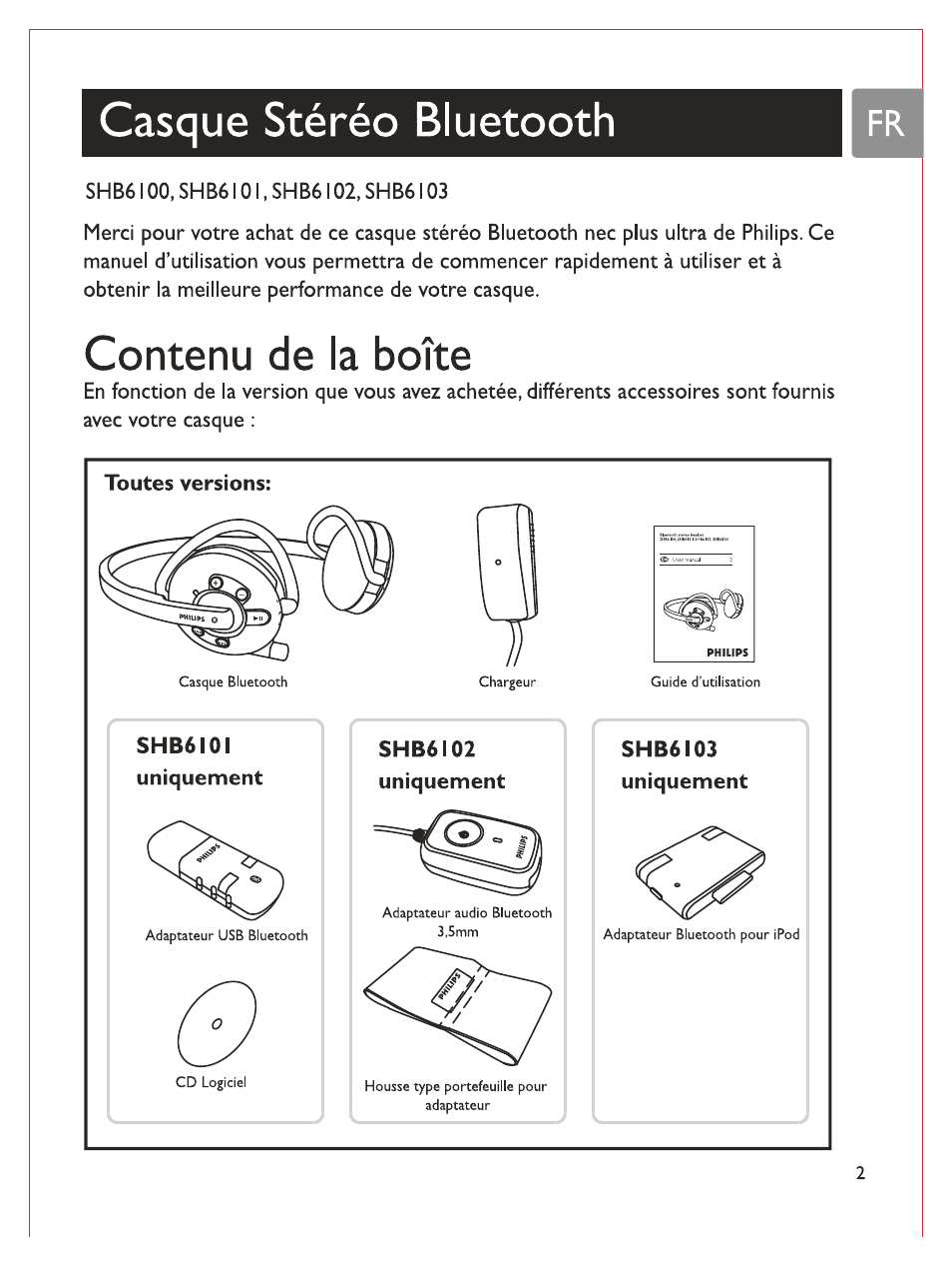 Casque stéréo bluetooth, Contenu de la boîte | Philips Casque stéréo Bluetooth User Manual | Page 42 / 117