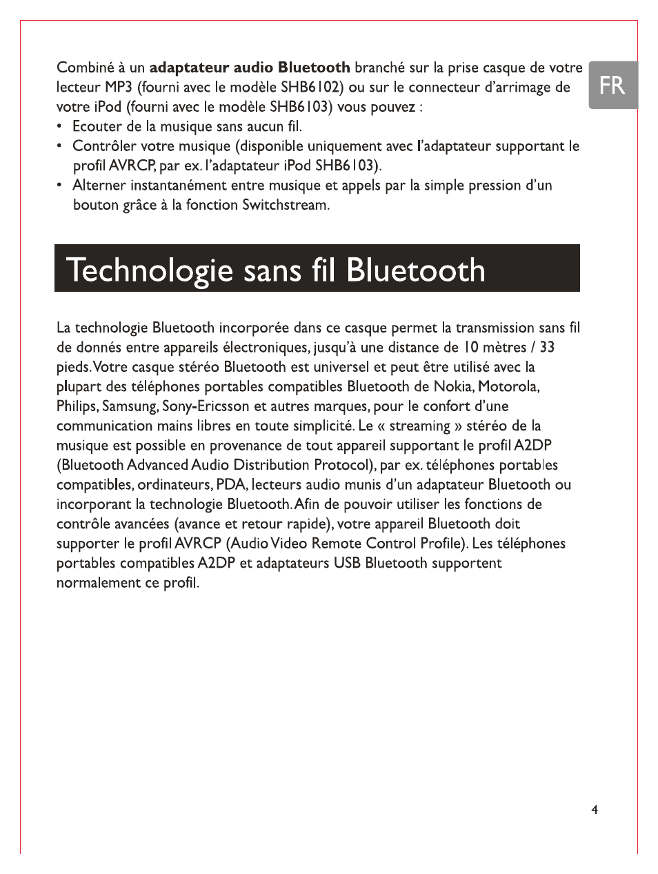 Technologie sans fil bluetooth | Philips Casque stéréo Bluetooth User Manual | Page 44 / 117