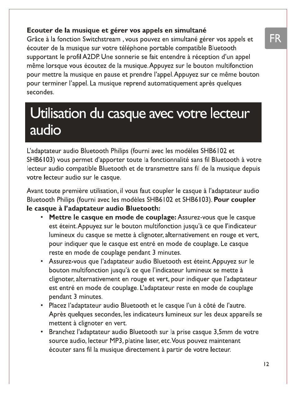 Utilisation du casque avec votre lecteur audio | Philips Casque stéréo Bluetooth User Manual | Page 52 / 117