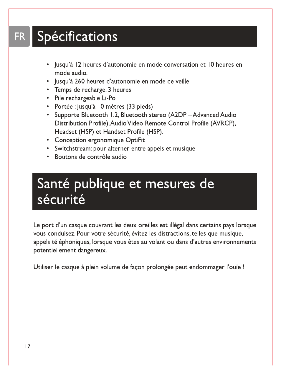 Fr spécifications, Santé publique et mesures de sécurité, Spécifications | Philips Casque stéréo Bluetooth User Manual | Page 57 / 117