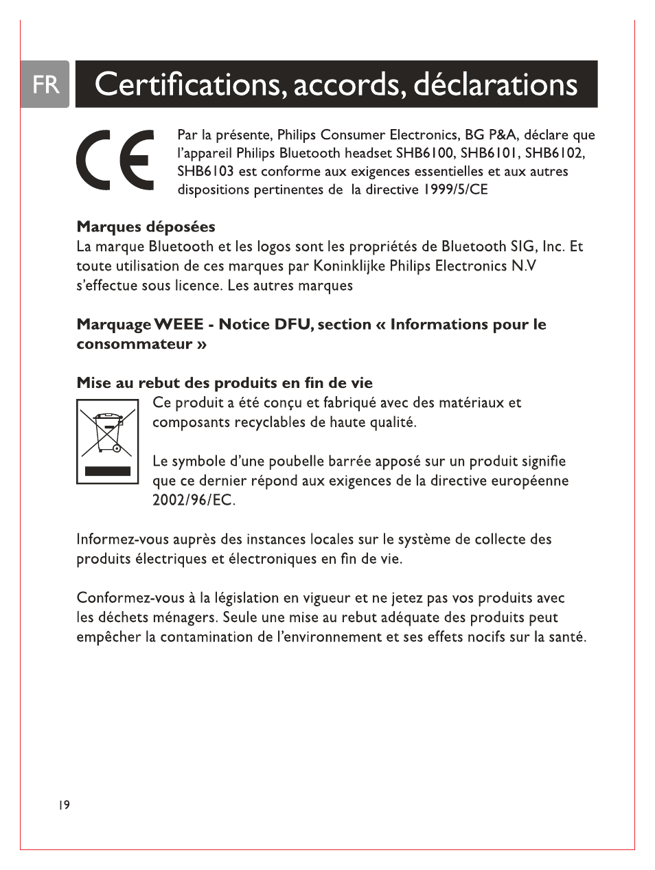 Certifications, accords, déclarations, Marques déposées, Mise au rebut des produits en fin de vie | Philips Casque stéréo Bluetooth User Manual | Page 59 / 117