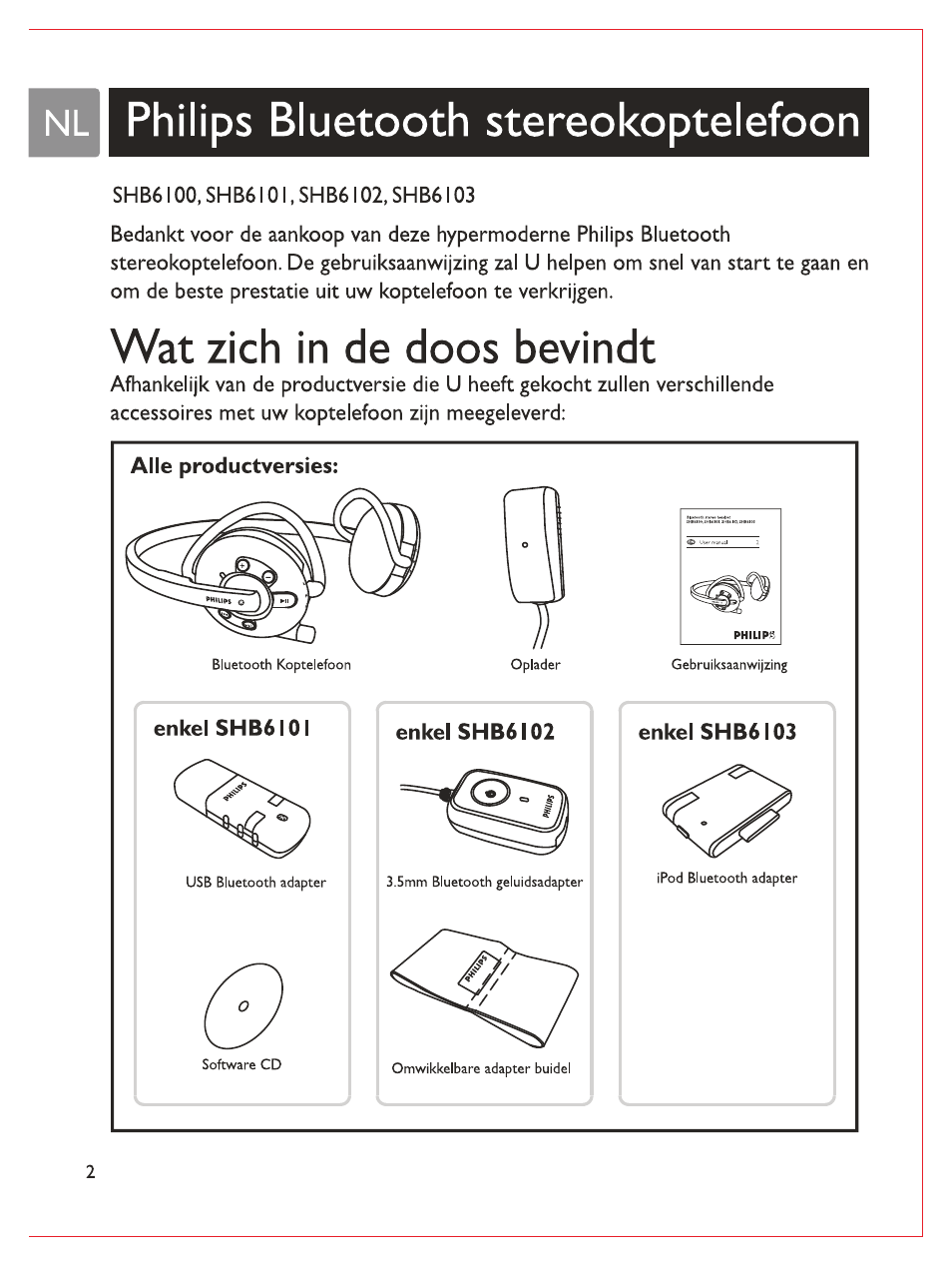 Nli philips bluetooth stereokoptelefoon, Wat zieh in de doos bevindt, I philips bluetooth stereokoptelefoon | Philips Casque stéréo Bluetooth User Manual | Page 61 / 117