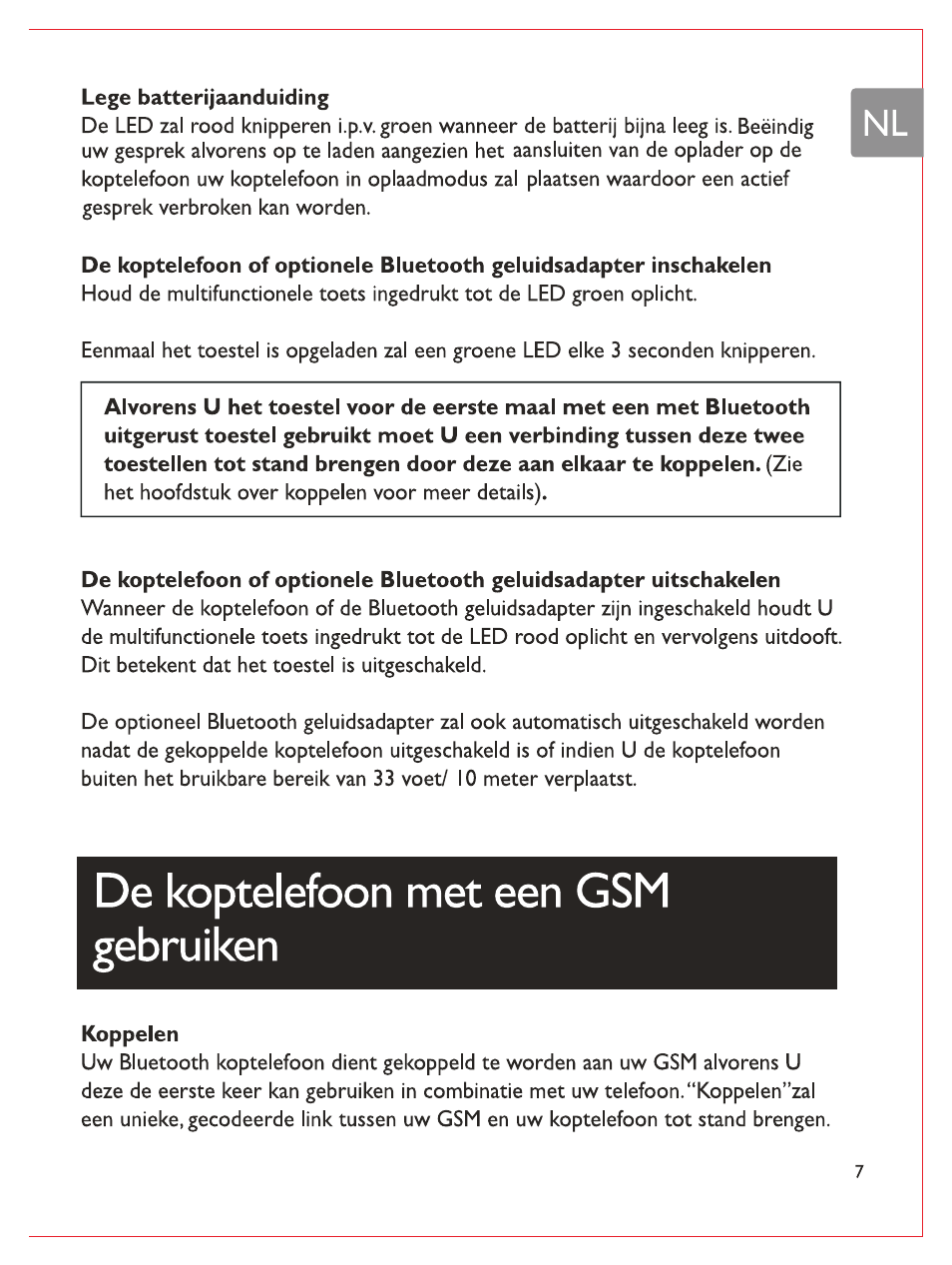 Lege batterijaanduiding, De koptelefoon met een gsm gebruiken, Koppelen | Philips Casque stéréo Bluetooth User Manual | Page 66 / 117