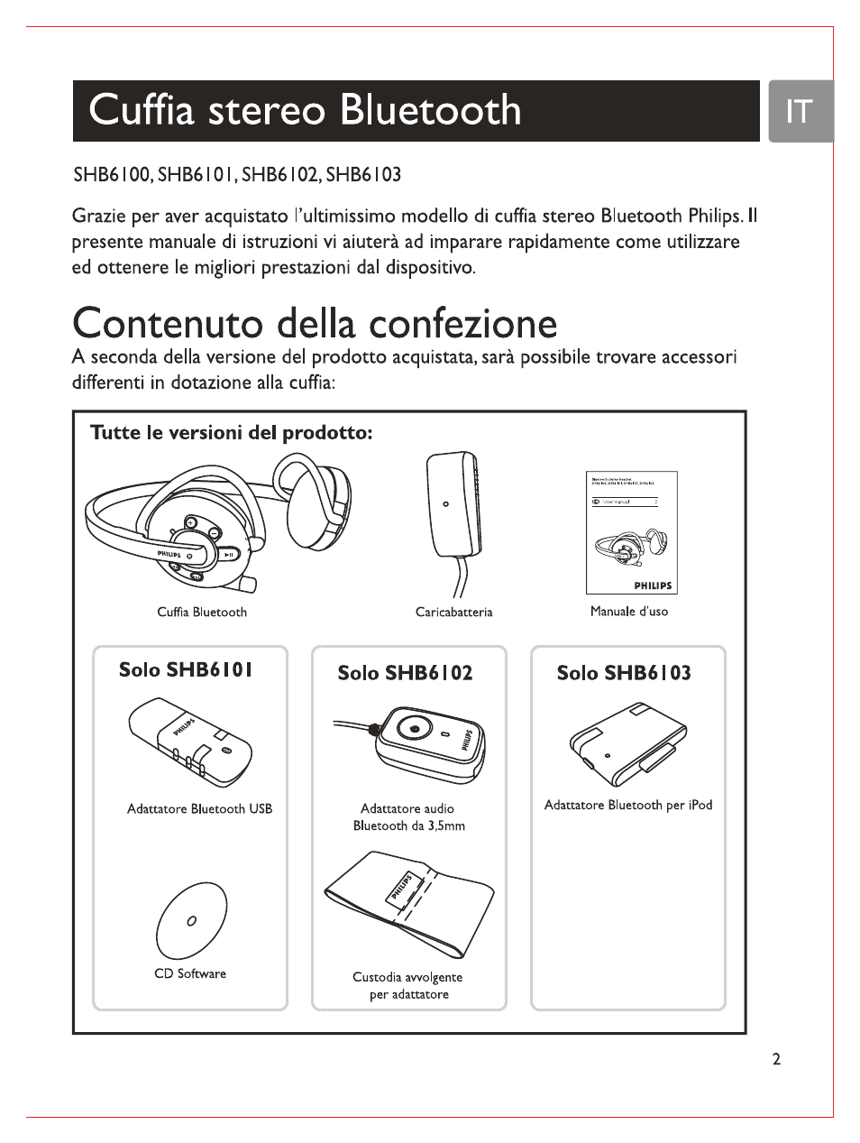 Cuffia stereo bluetooth, Contenuto della confezione | Philips Casque stéréo Bluetooth User Manual | Page 80 / 117