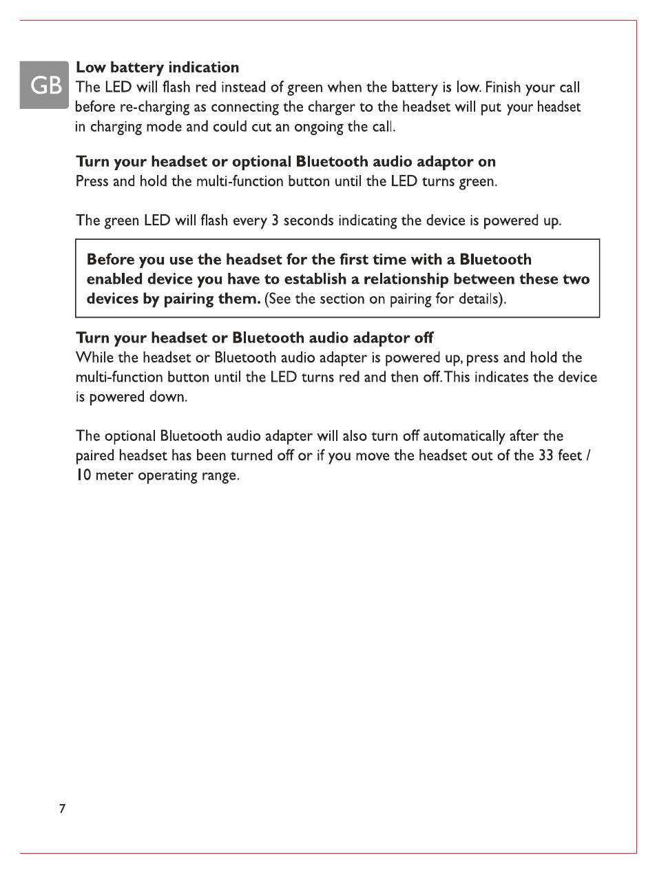 I low battery indication, Turn your headset or bluetooth audio adaptor off | Philips Casque stéréo Bluetooth User Manual | Page 9 / 117