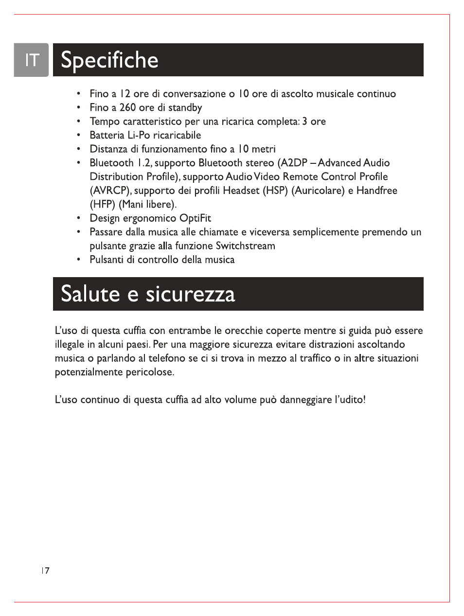 It i specifiche, Salute e sicurezza, Specifiche | Philips Casque stéréo Bluetooth User Manual | Page 95 / 117