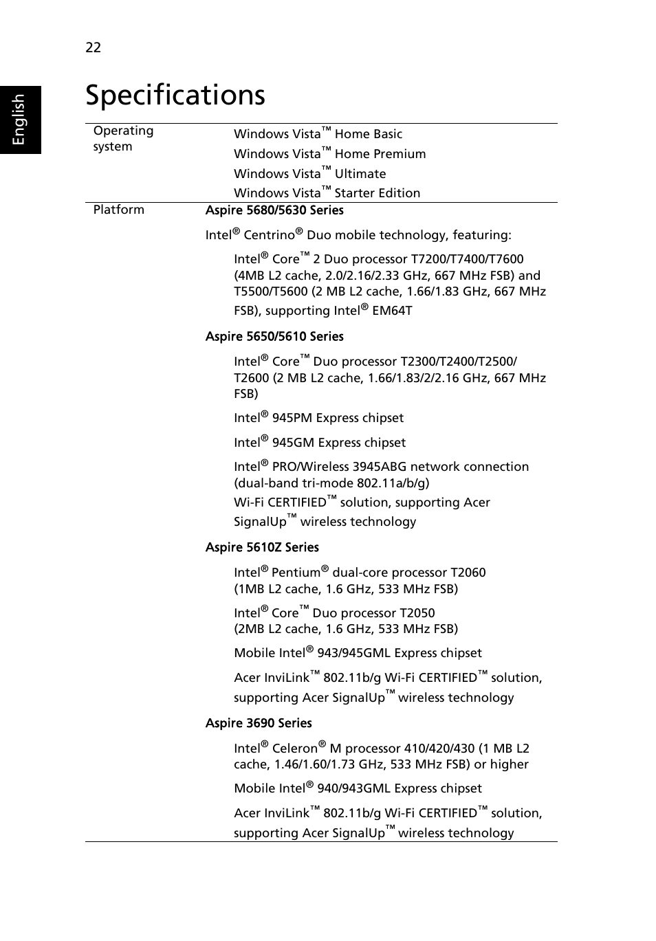 Specifications, English | Acer 5610Z User Manual | Page 40 / 123