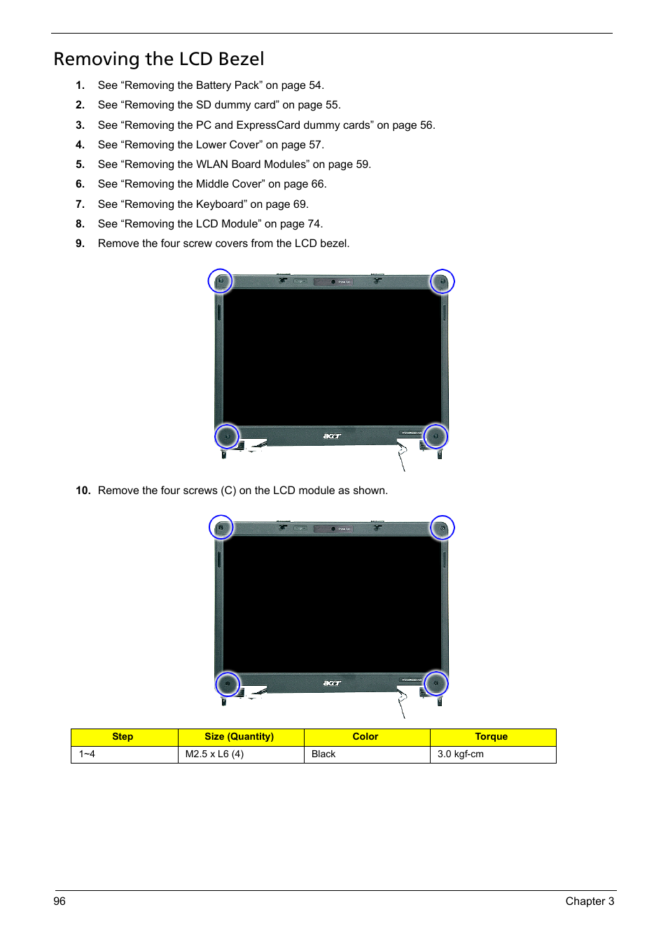 Removing the lcd bezel | Acer 5330 User Manual | Page 102 / 152