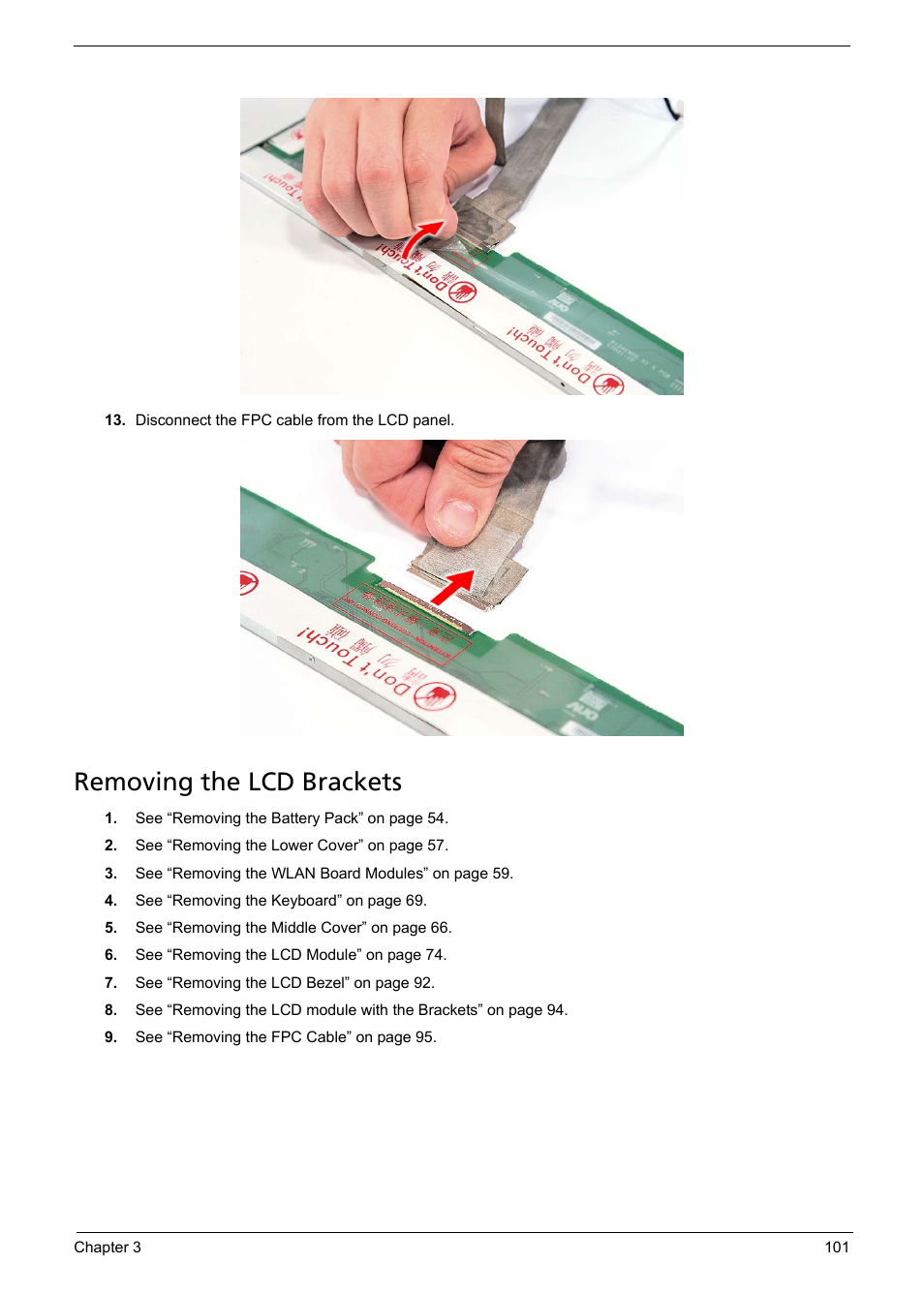 Removing the lcd brackets | Acer 5330 User Manual | Page 107 / 152