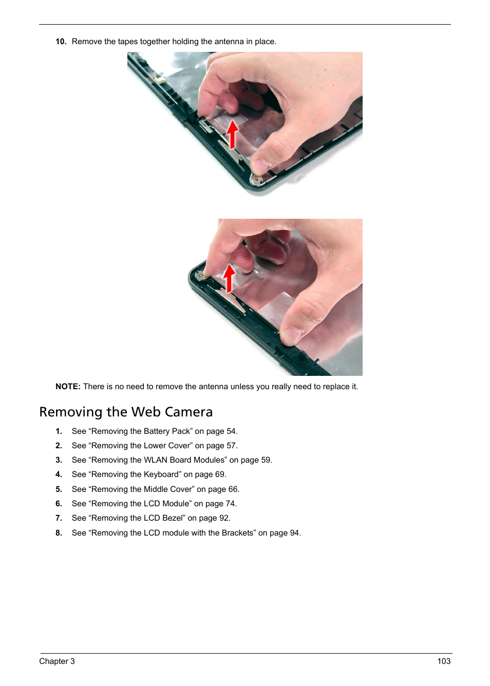 Removing the web camera | Acer 5330 User Manual | Page 109 / 152