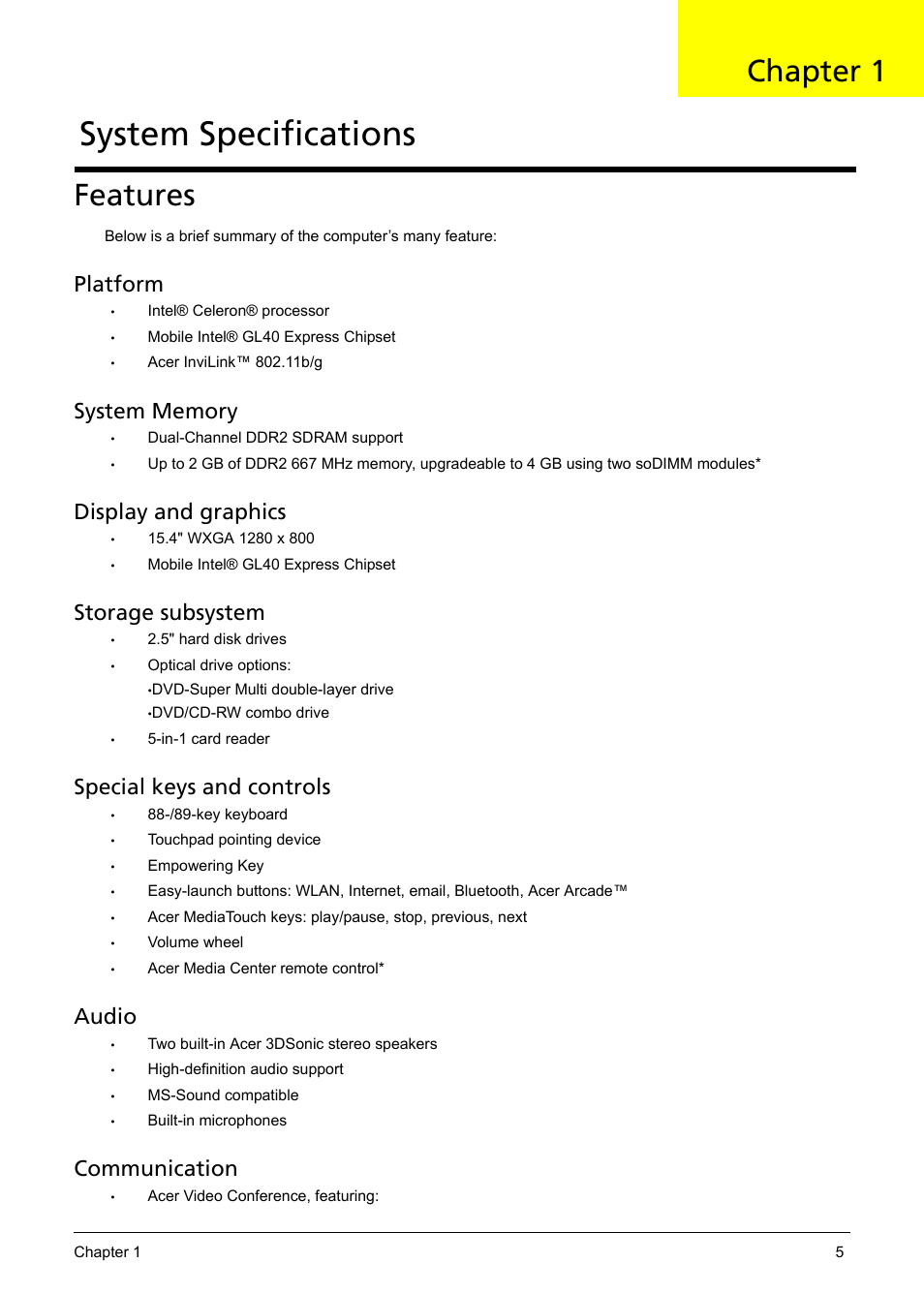 System specifications, Features, Chapter 1 | Platform, Display and graphics, Storage subsystem, Special keys and controls, Audio, Communication | Acer 5330 User Manual | Page 11 / 152