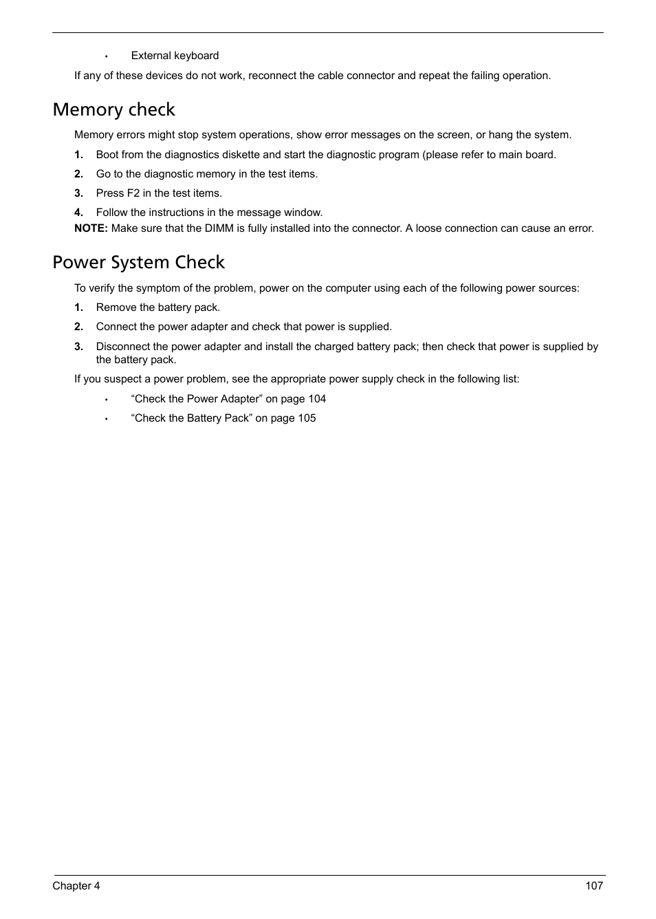 Memory check, Power system check | Acer 5330 User Manual | Page 113 / 152