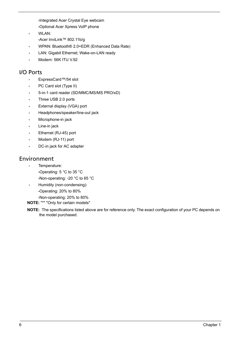 I/o ports, Environment | Acer 5330 User Manual | Page 12 / 152