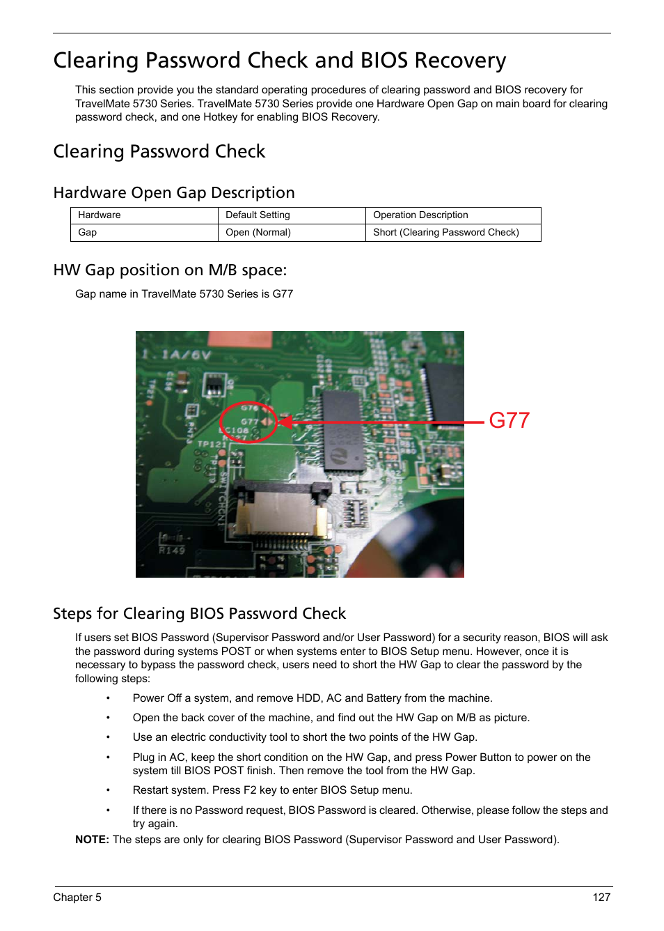 Clearing password check and bios recovery, Clearing password check, Steps for clearing bios password check | Acer 5330 User Manual | Page 133 / 152