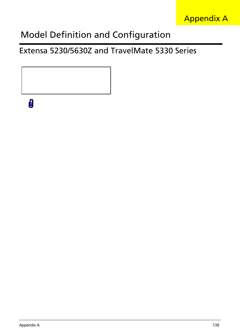 Model definition and configuration, Extensa 5230/5630z and travelmate 5330 series, Appendix a | Acer 5330 User Manual | Page 144 / 152