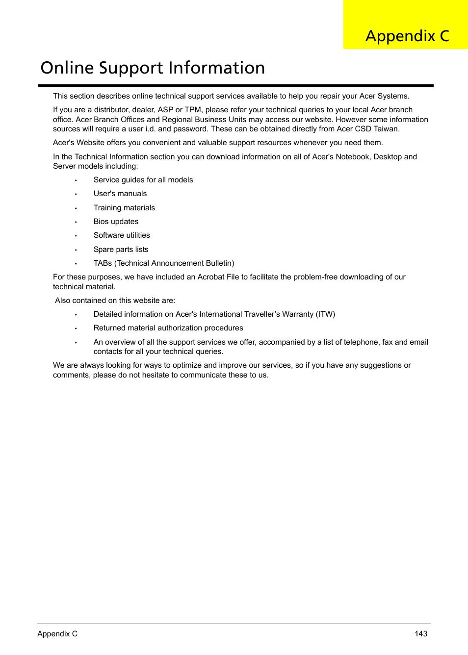 Online support information, Appendix c | Acer 5330 User Manual | Page 149 / 152