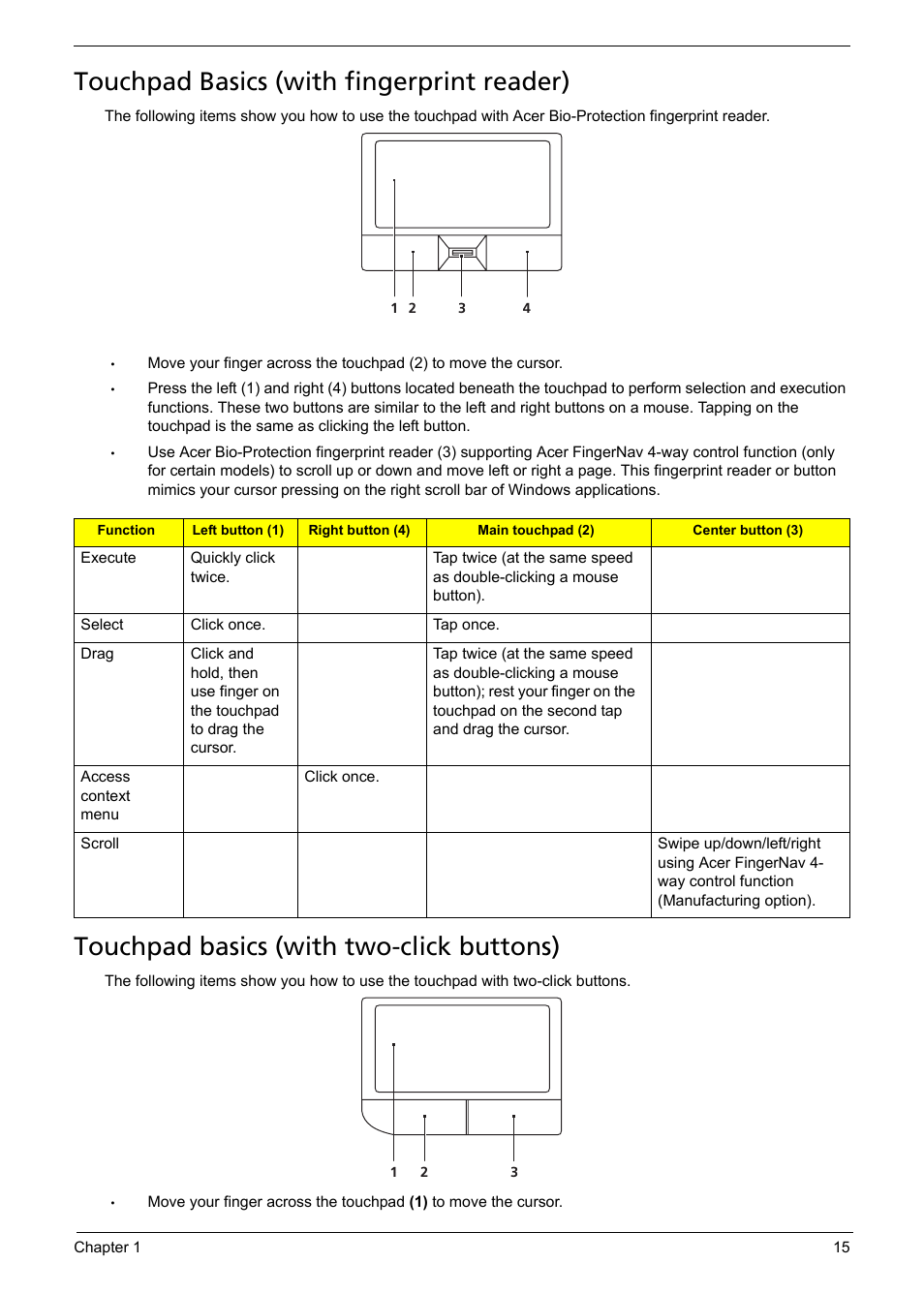 Touchpad basics (with fingerprint reader), Touchpad basics (with two-click buttons) | Acer 5330 User Manual | Page 21 / 152