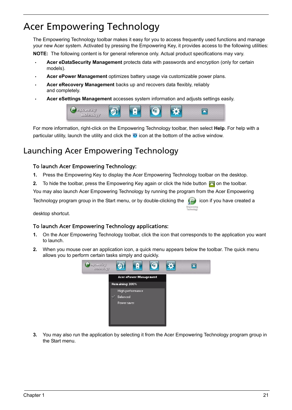 Acer empowering technology, Launching acer empowering technology | Acer 5330 User Manual | Page 27 / 152