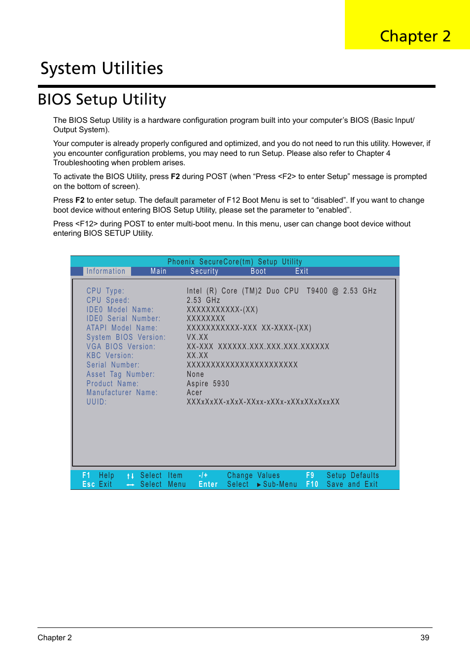System utilities, Bios setup utility, Chapter 2 | Acer 5330 User Manual | Page 45 / 152