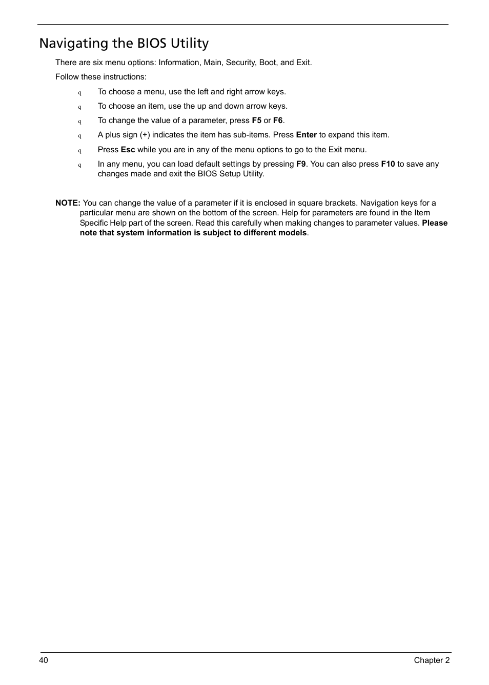 Navigating the bios utility | Acer 5330 User Manual | Page 46 / 152