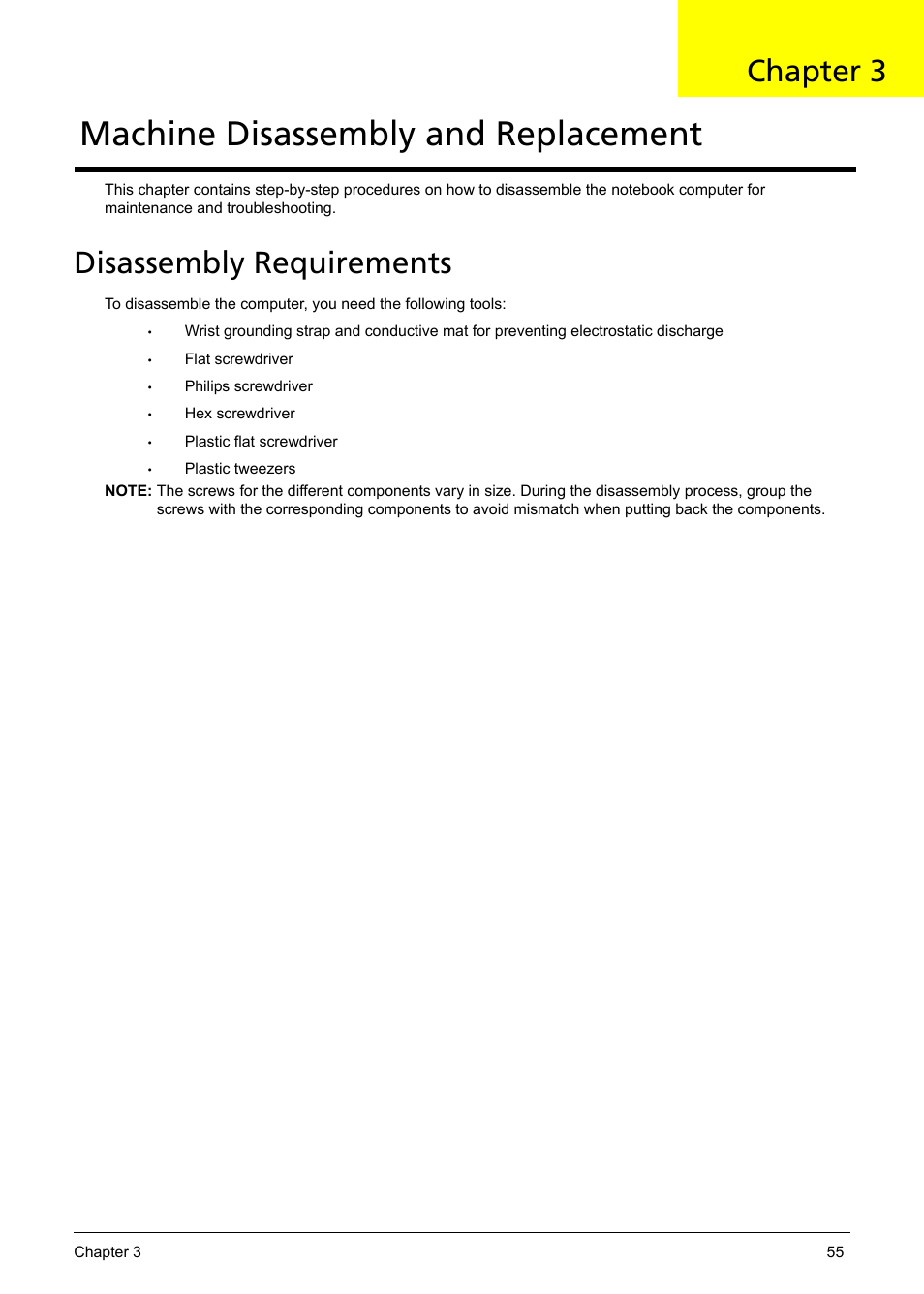 Machine disassembly and replacement, Disassembly requirements, Chapter 3 | Acer 5330 User Manual | Page 61 / 152