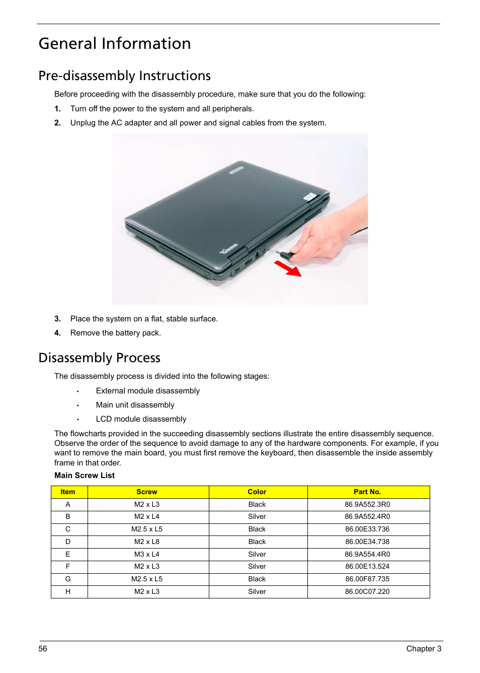 General information, Pre-disassembly instructions, Disassembly process | Acer 5330 User Manual | Page 62 / 152