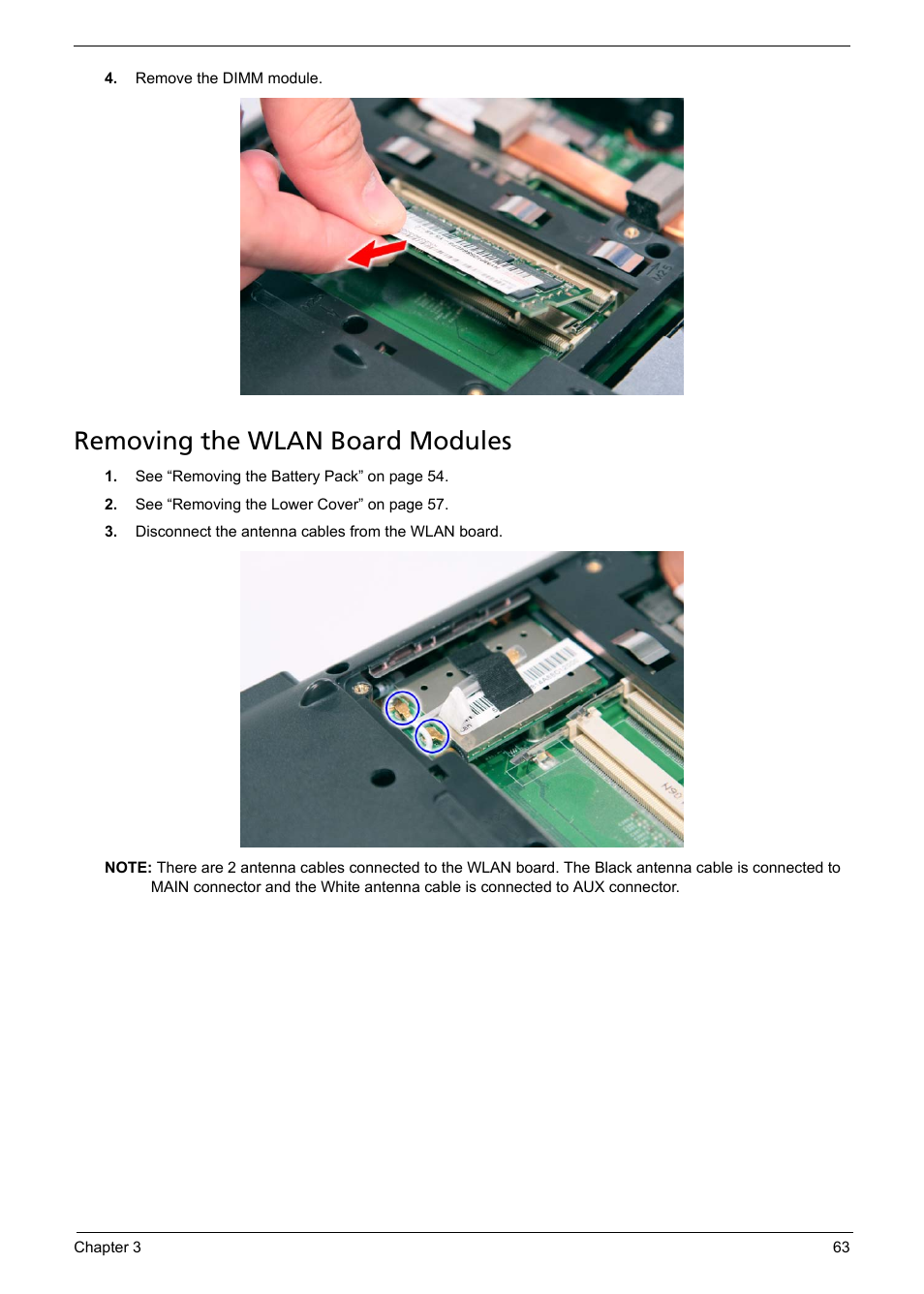 Removing the wlan board modules | Acer 5330 User Manual | Page 69 / 152