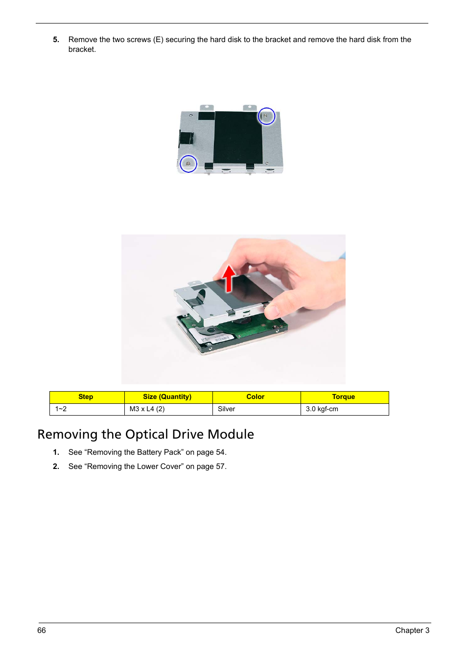 Removing the optical drive module | Acer 5330 User Manual | Page 72 / 152