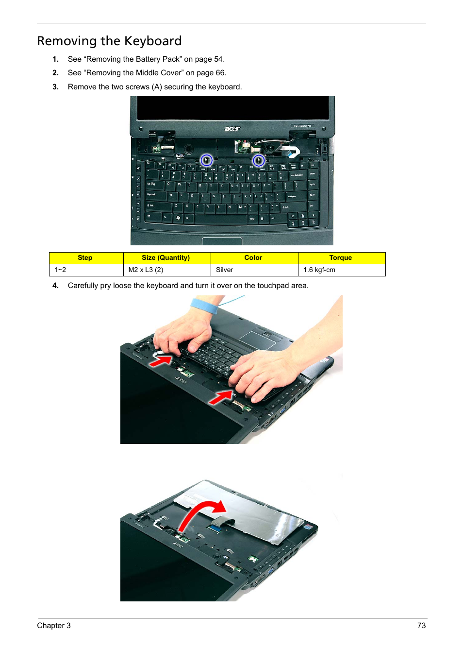 Removing the keyboard | Acer 5330 User Manual | Page 79 / 152