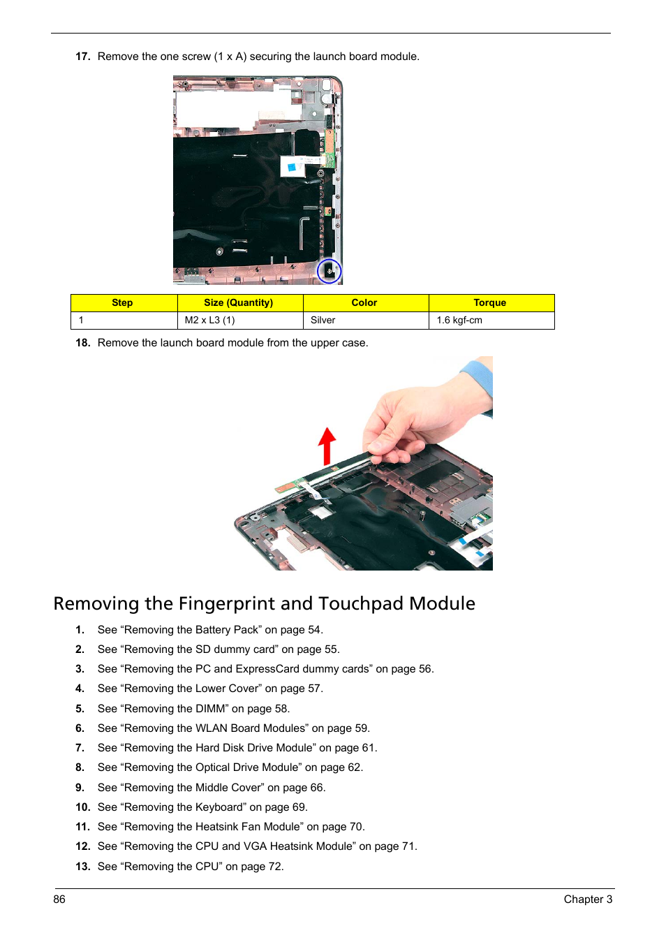 Removing the fingerprint and touchpad module | Acer 5330 User Manual | Page 92 / 152