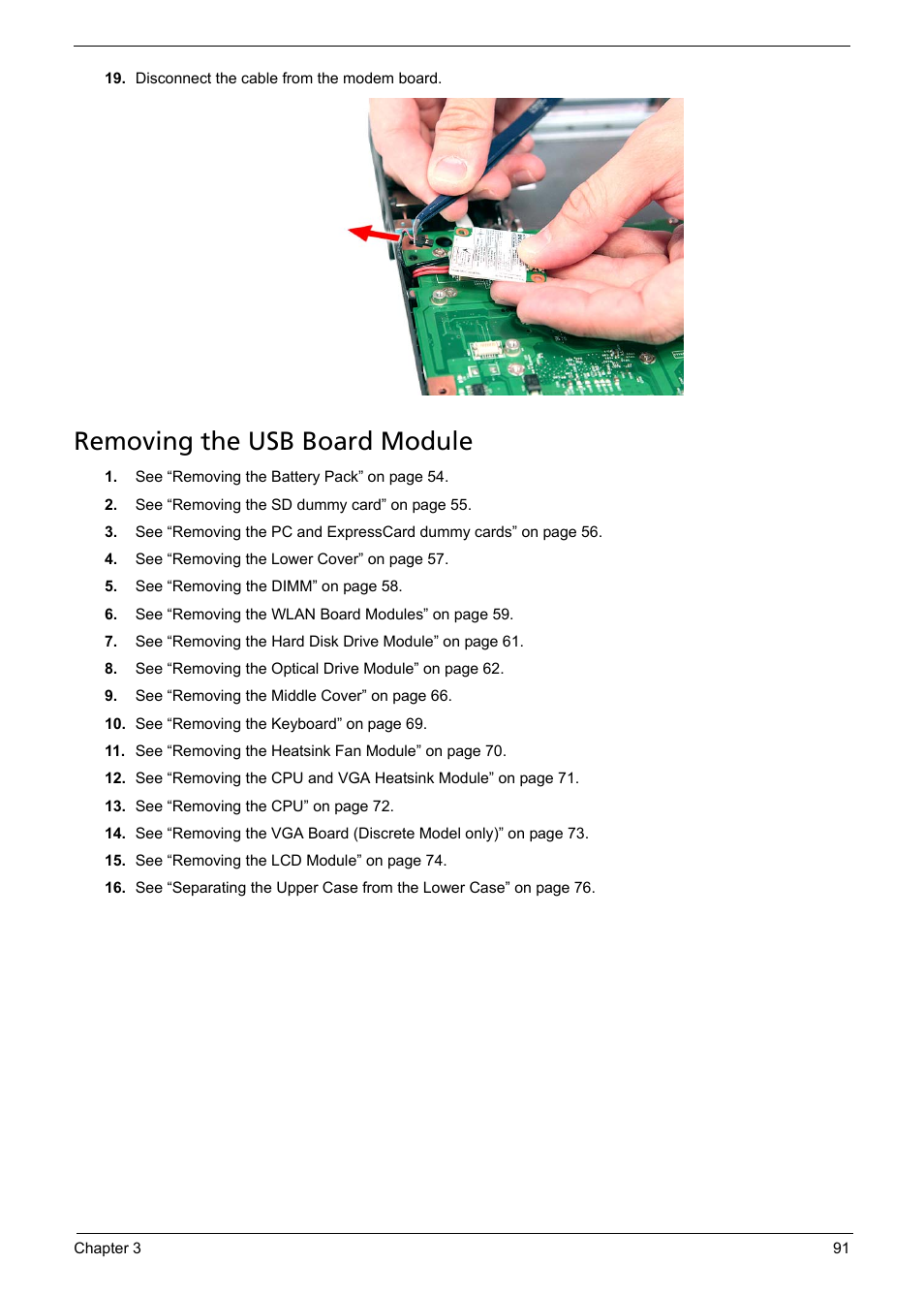 Removing the usb board module | Acer 5330 User Manual | Page 97 / 152