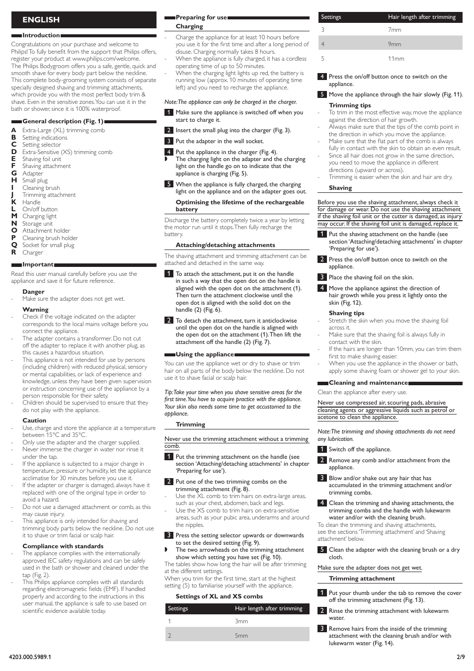 English | Philips BODYGROOM Series 5000 Tondeuse corps User Manual | Page 2 / 9