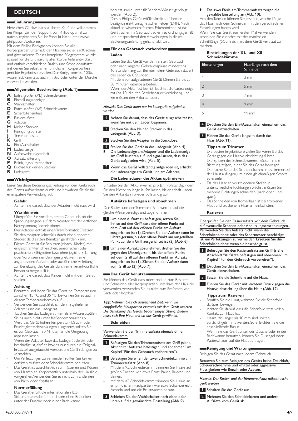 Deutsch | Philips BODYGROOM Series 5000 Tondeuse corps User Manual | Page 4 / 9